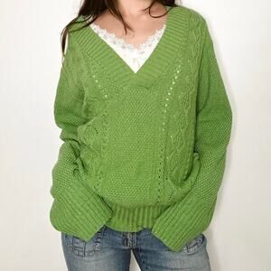 Y2k spunky green chunky cable knit vneck sweater